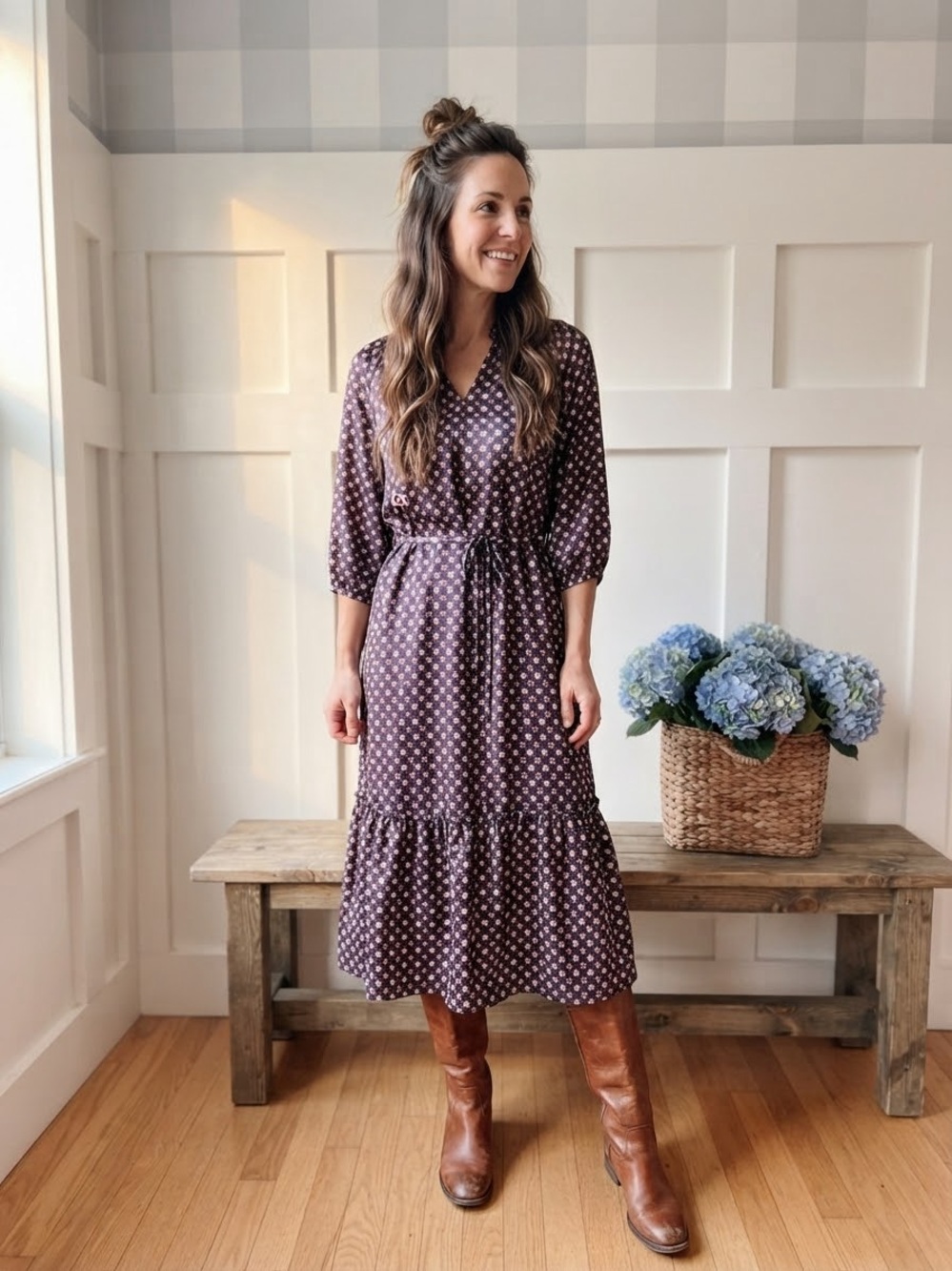 Draper James Brown Polka Dot Maxi Dress with Tie Waist Large